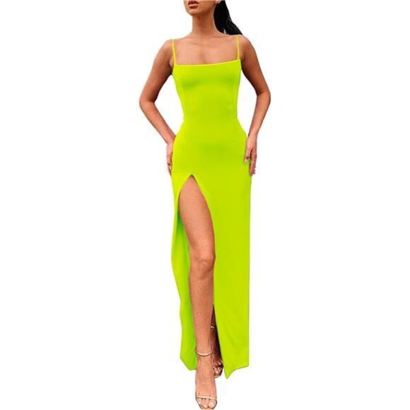 Dresses & Skirts - Women's Spaghetti Strap Bodycon Maxi Dress Long Formal Thigh-high Slit